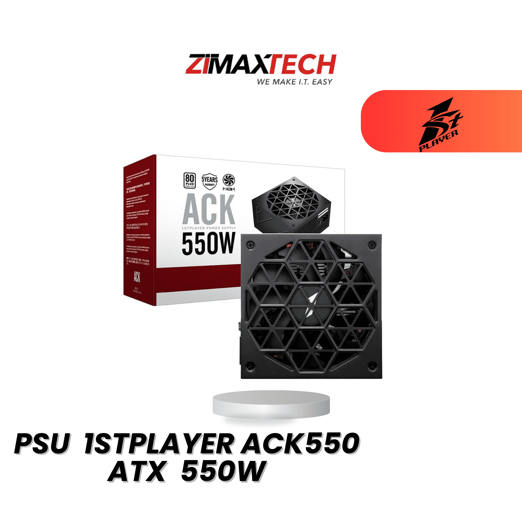 1STPLAYER ACK550 ATX 550W POWER SUPPLY WITH 80 PLUS CERTIFICATION AND 5 YEARS WARRANTY