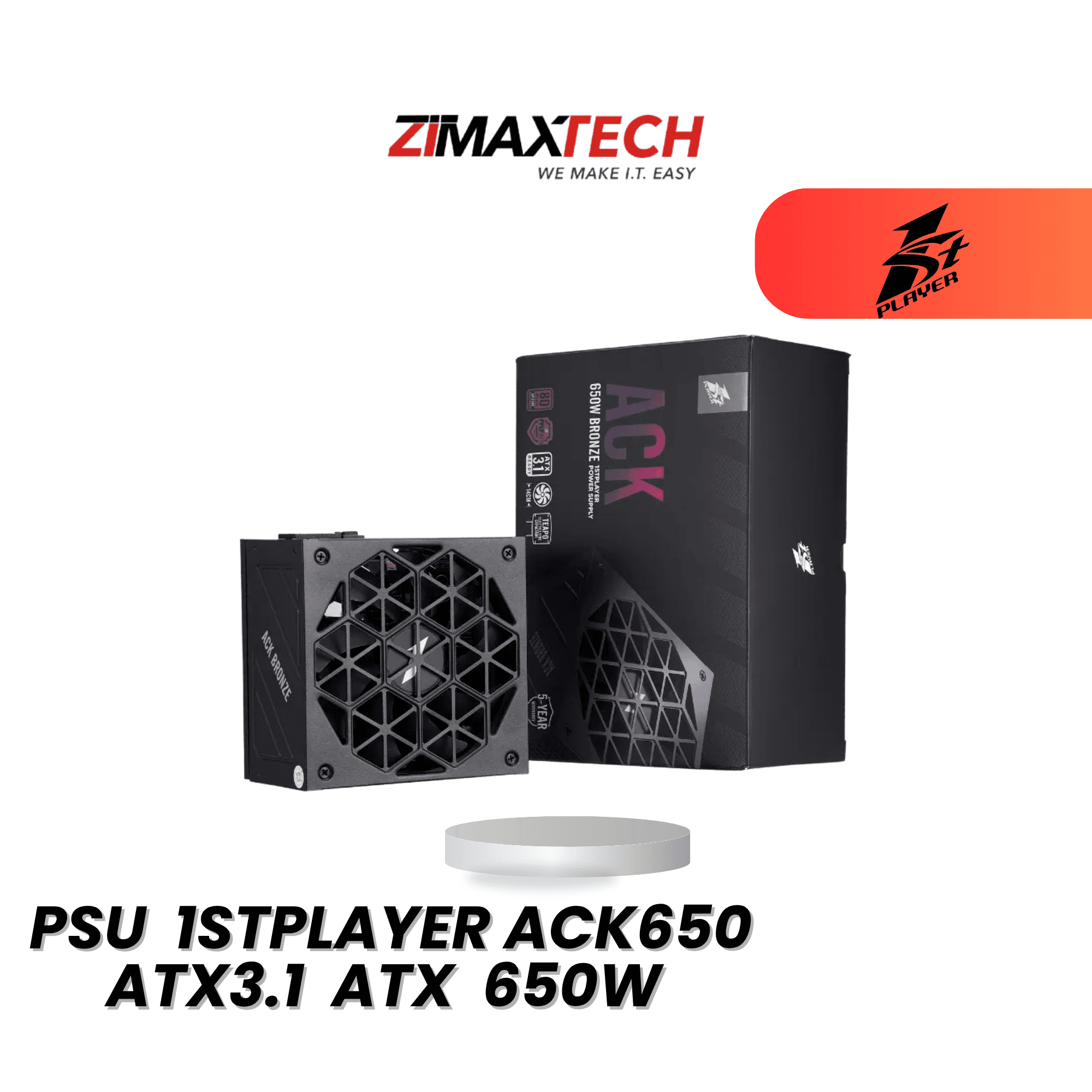 1STPLAYER ACK650 ATX3.1 650W POWER SUPPLY WITH 80 PLUS BRONZE CERTIFICATION AND 5 YEARS WARRANTY
