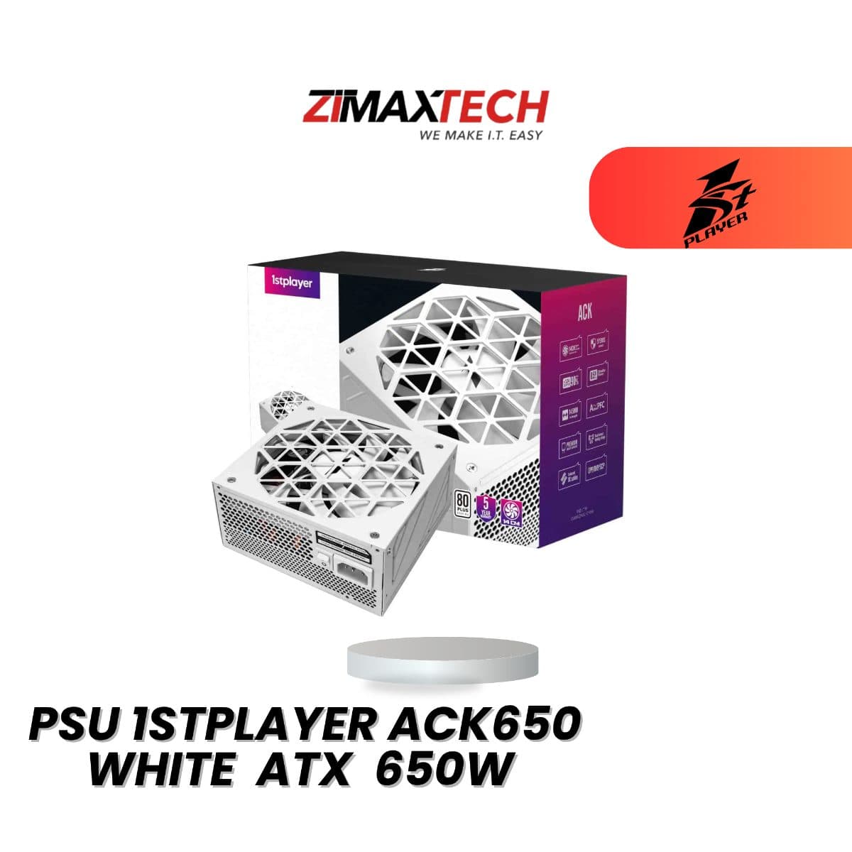 1STPLAYER ACK650 WHITE ATX 650W POWER SUPPLY WITH 80 PLUS CERTIFICATION AND 5 YEARS WARRANTY
