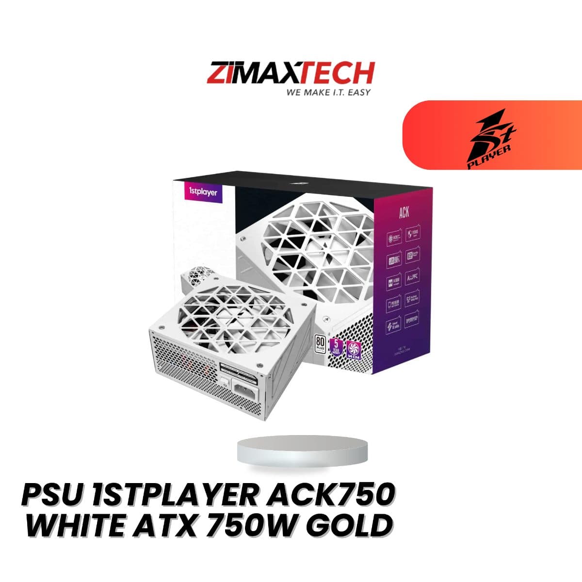 1STPLAYER ACK750 WHITE ATX 750W POWER SUPPLY WITH 80 PLUS GOLD CERTIFICATION AND 7 YEARS WARRANTY