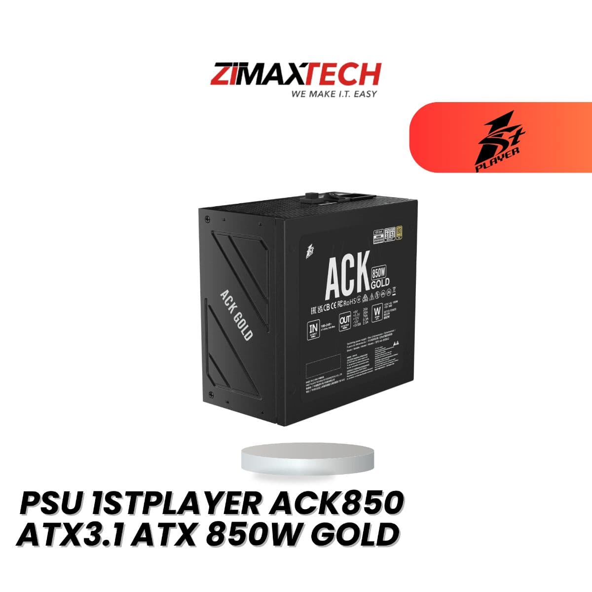 1STPLAYER ACK850 ATX3.1 850W POWER SUPPLY WITH 80 PLUS GOLD CERTIFICATION AND 7 YEARS WARRANTY