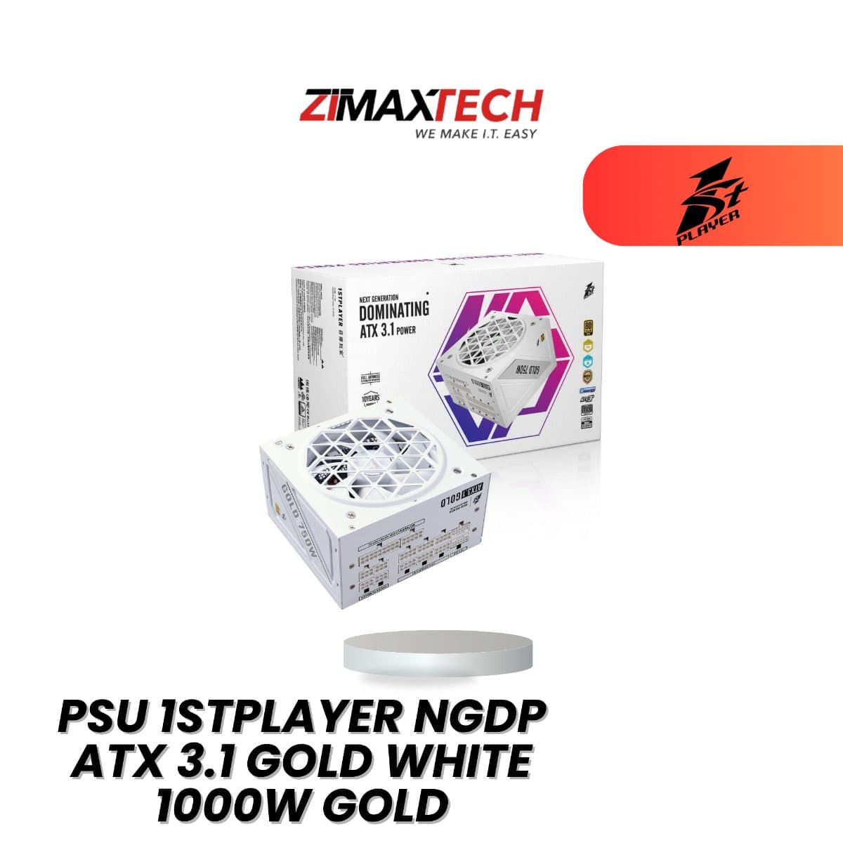 1STPLAYER NGDP ATX3.1 GOLD WHITE 1000W FULL MODULAR POWER SUPPLY WITH 80 PLUS GOLD CERTIFICATION AND 10 YEARS WARRANTY