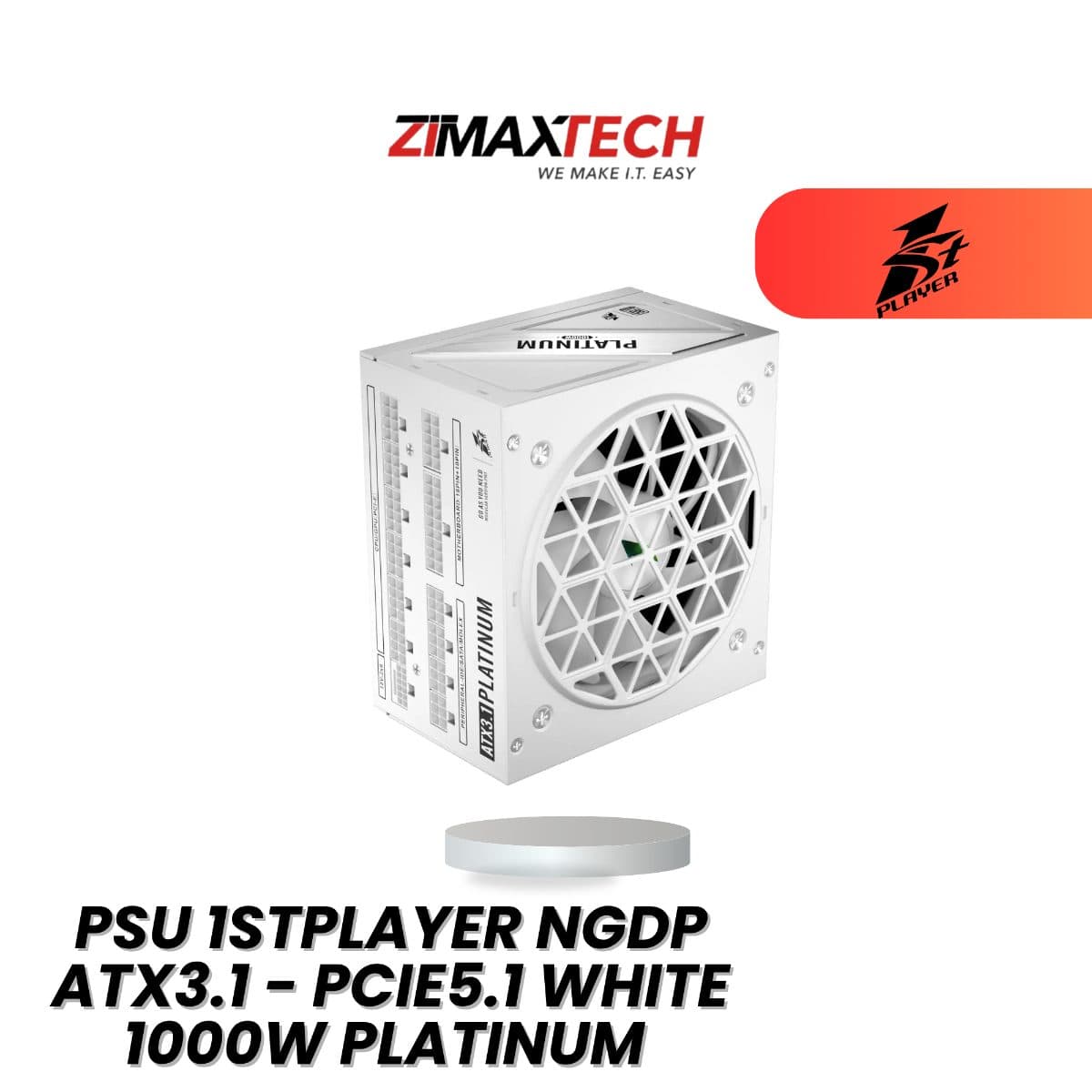 1STPLAYER NGDP ATX3.1 PCIE5.1 WHITE 1000W FULL MODULAR POWER SUPPLY WITH 80 PLUS PLATINUM CERTIFICATION AND 10 YEARS WARRANTY