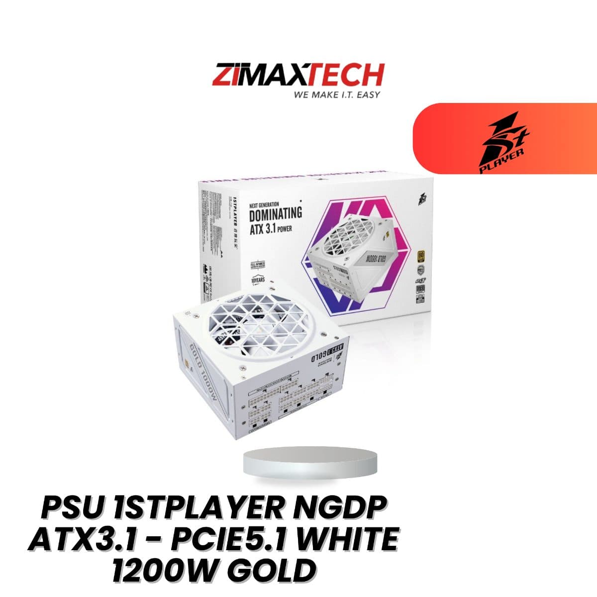 1STPLAYER NGDP ATX3.1 PCIE5.1 WHITE 1200W FULL MODULAR POWER SUPPLY WITH 80 PLUS GOLD CERTIFICATION AND 10 YEARS WARRANTY