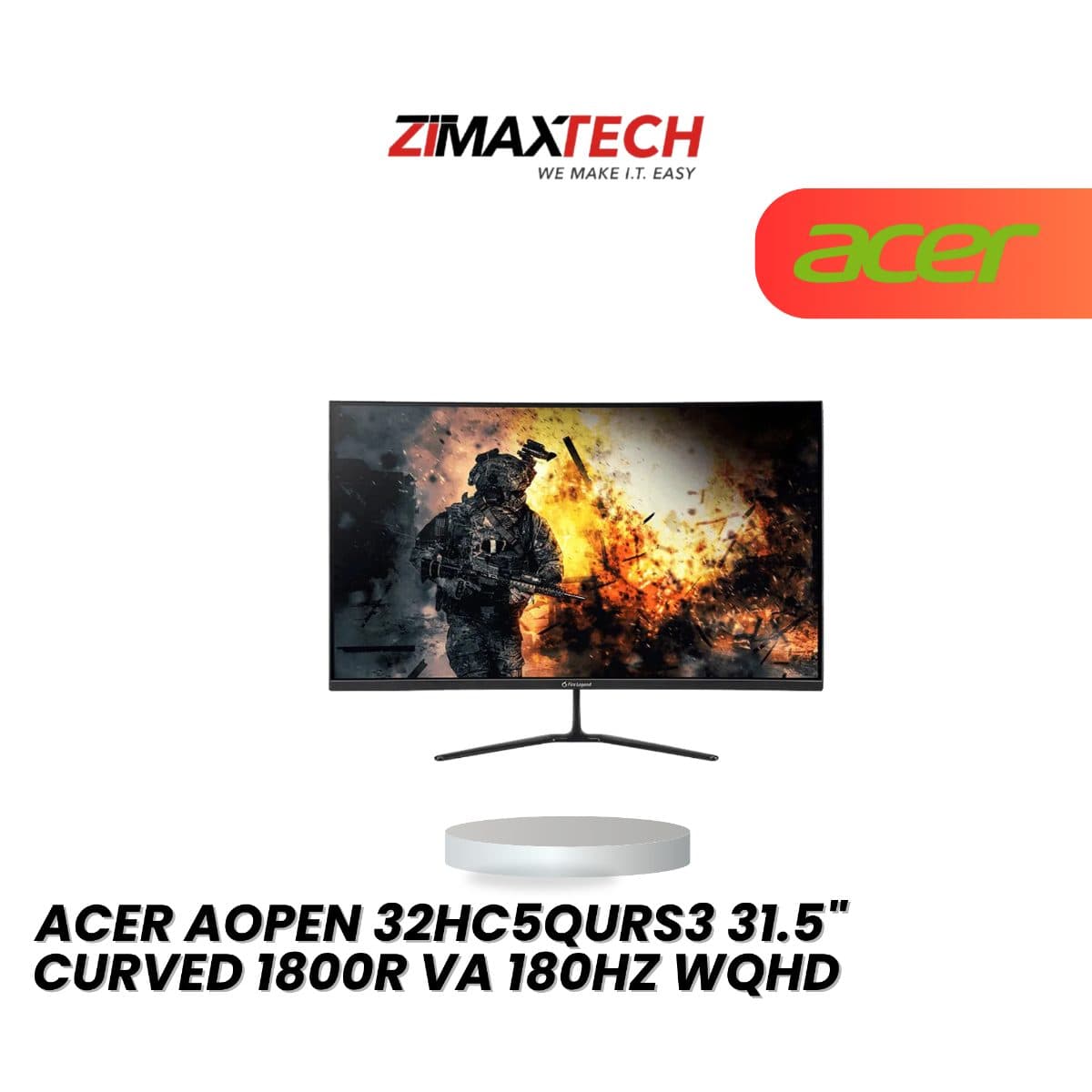 ACER AOPEN 32HC5QURS3 31.5-INCH CURVED VA GAMING MONITOR WITH WQHD 180HZ DISPLAY, 1MS RESPONSE TIME, HDMI, DISPLAYPORT, AND 3 YEARS WARRANTY