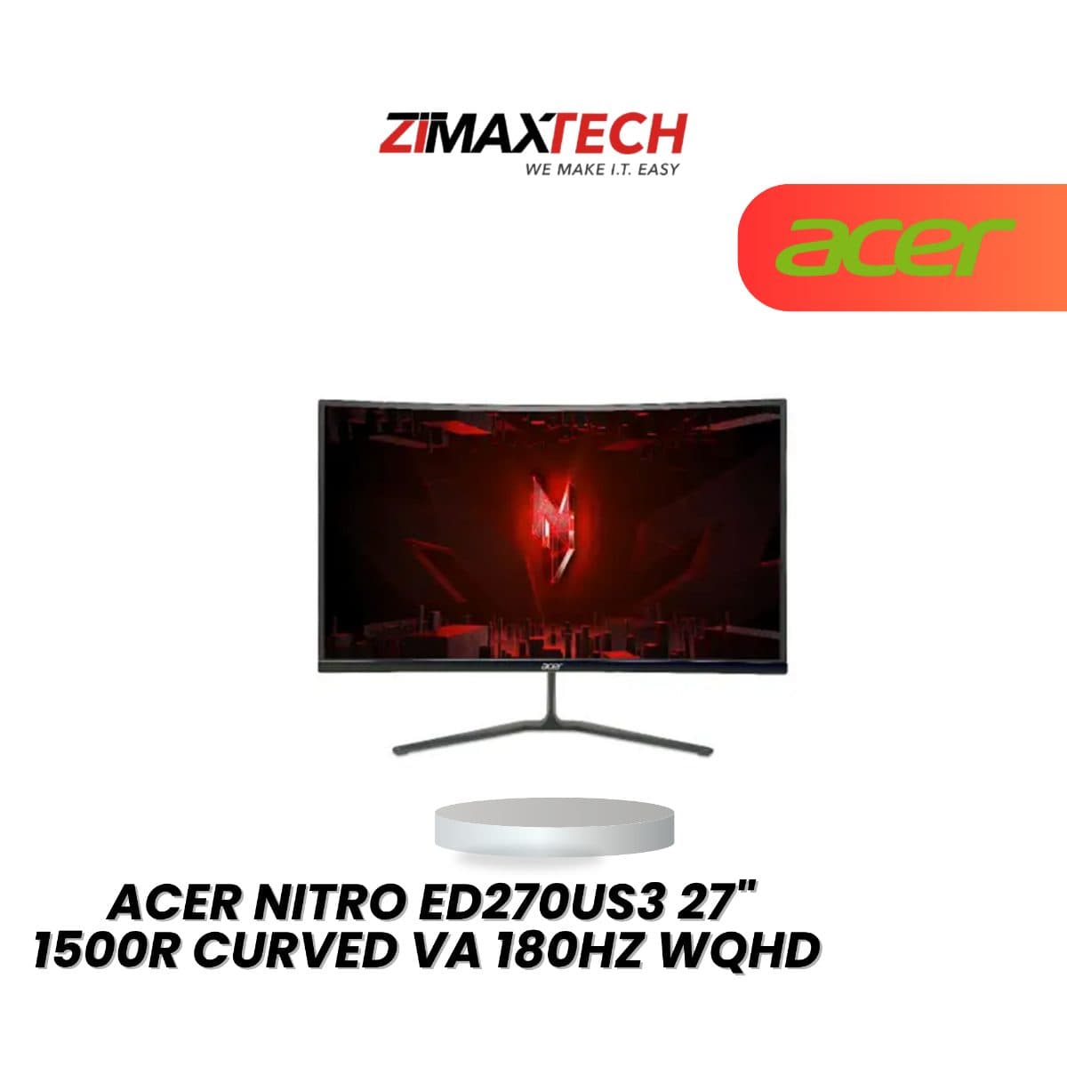 ACER NITRO ED270US3 27" CURVED VA WQHD 180HZ GAMING MONITOR WITH HDR10, 1MS RESPONSE TIME, HDMI, DP, AND 3 YEARS WARRANTY