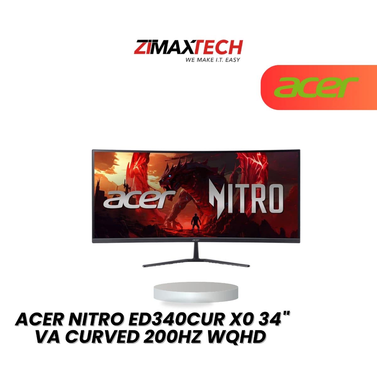 ACER NITRO ED340CUR X0 34" CURVED VA WQHD 200HZ GAMING MONITOR WITH 1MS RESPONSE TIME, SPEAKER, HDMI, DP, AND 3 YEARS WARRANTY