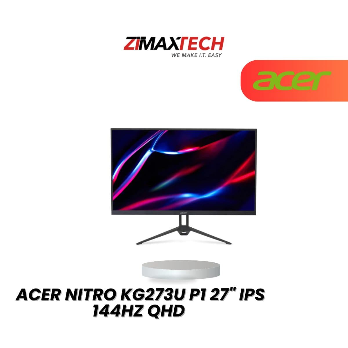 ACER NITRO KG273U P1 27" IPS QHD 144HZ GAMING MONITOR WITH HDR10, 1MS RESPONSE TIME, SPEAKER, HDMI, DP, AND 3 YEARS WARRANTY
