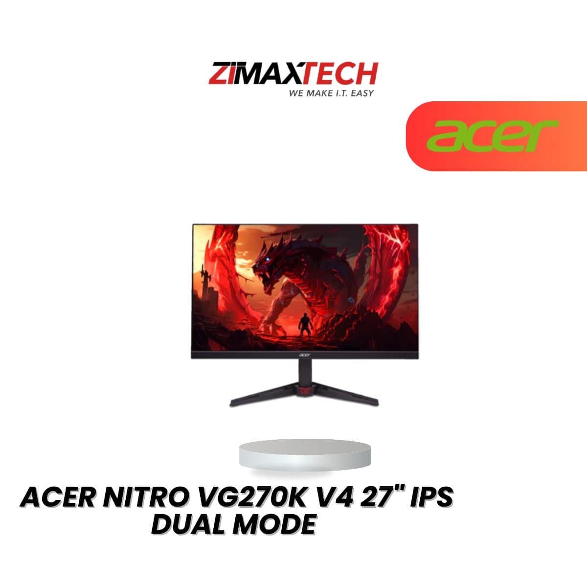 ACER NITRO VG270K V4 27" IPS DUAL MODE 4K/320HZ GAMING MONITOR WITH HDR10, 0.5MS RESPONSE TIME, SPEAKER, HDMI, DP, AND 3 YEARS WARRANTY