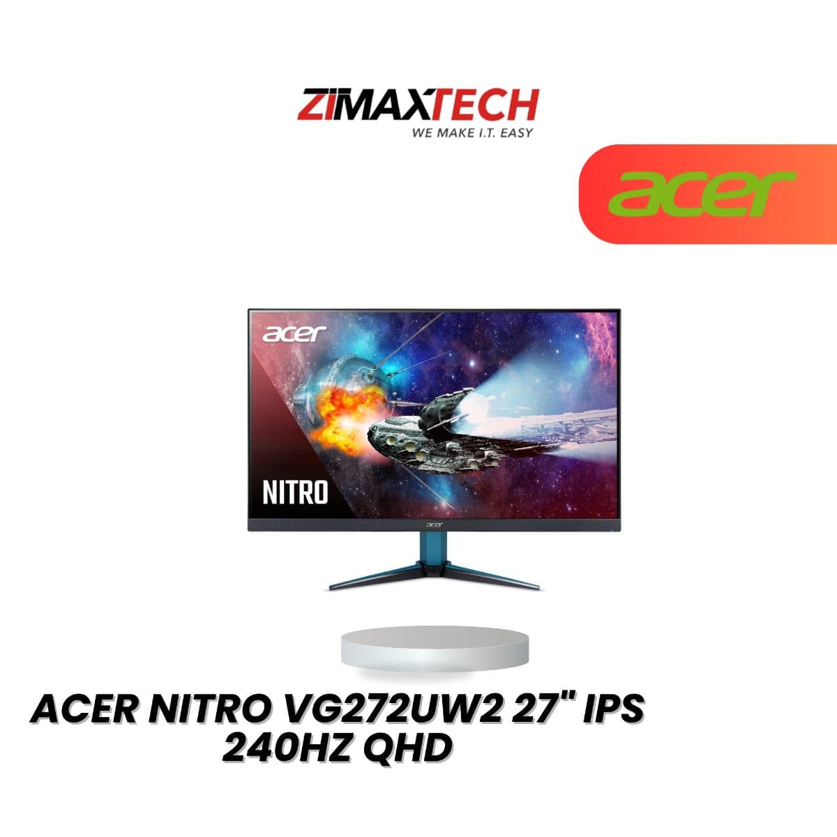 ACER NITRO VG272UW2 27" IPS QHD 240HZ GAMING MONITOR WITH HDR400, 0.5MS RESPONSE TIME, SPEAKER, HDMI, DP, AND 3 YEARS WARRANTY