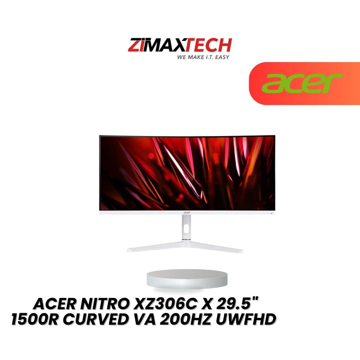 ACER NITRO XZ306C X 29.5" CURVED VA UWFHD 200HZ GAMING MONITOR WITH HDR400, 1MS RESPONSE TIME, HEIGHT ADJUSTMENT, SPEAKER, HDMI, DP, AND 3 YEARS ONSITE WARRANTY