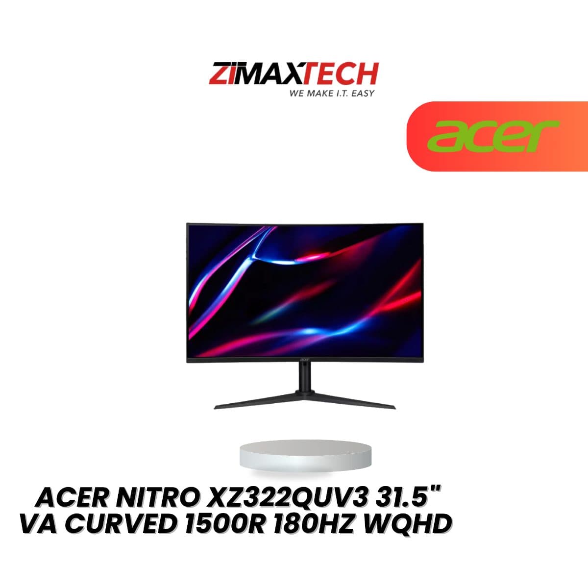ACER NITRO XZ322QUV3 31.5" CURVED VA WQHD 180HZ GAMING MONITOR WITH HDR400, 1MS RESPONSE TIME, HEIGHT ADJUSTMENT, SPEAKER, HDMI, DP, AND 3 YEARS WARRANTY