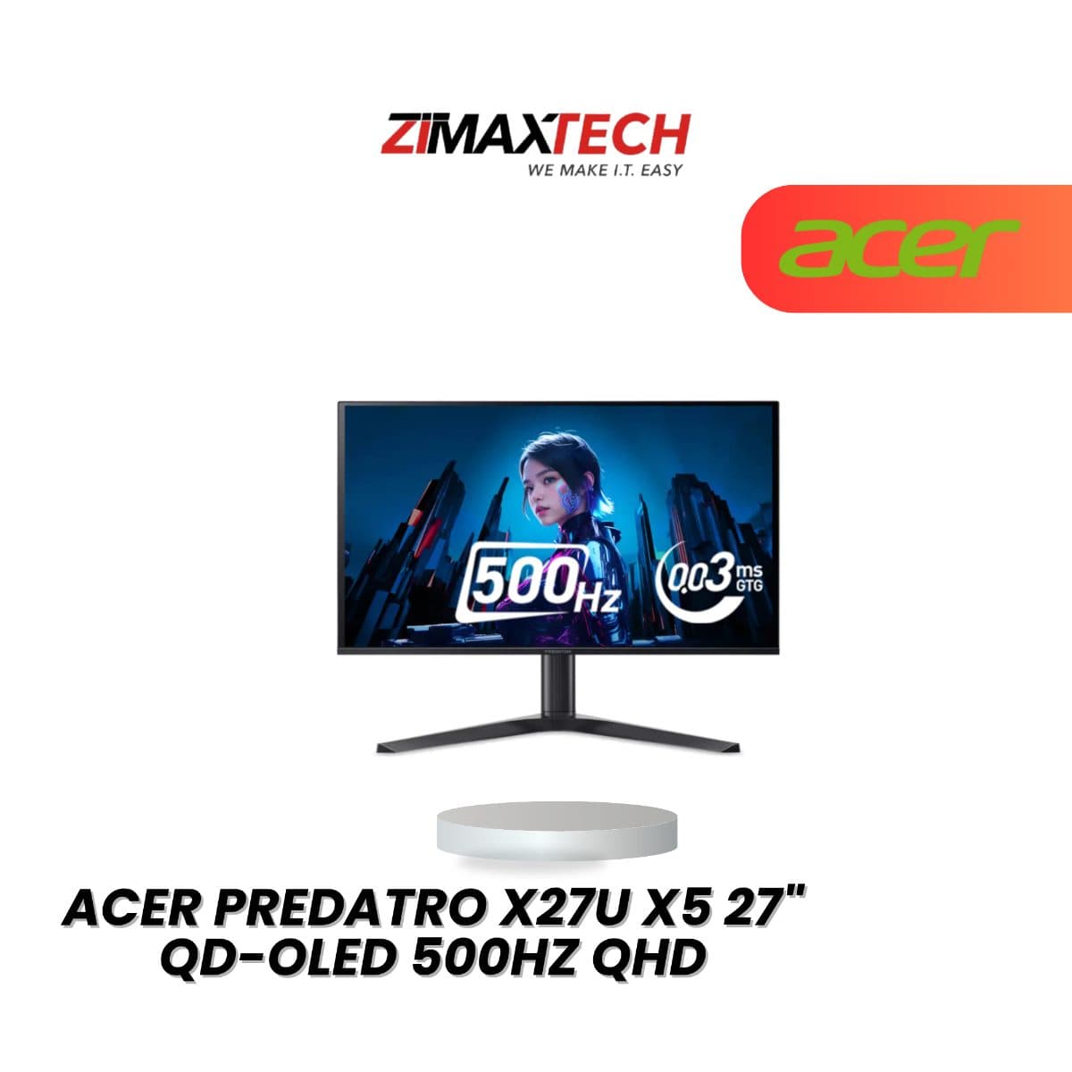 ACER PREDATOR X27U X5 27" QD-OLED QHD 500HZ GAMING MONITOR WITH HDR500, 0.03MS RESPONSE TIME, SPEAKER, HDMI, DP, USB-C PD 65W, AND 3 YEARS WARRANTY.
