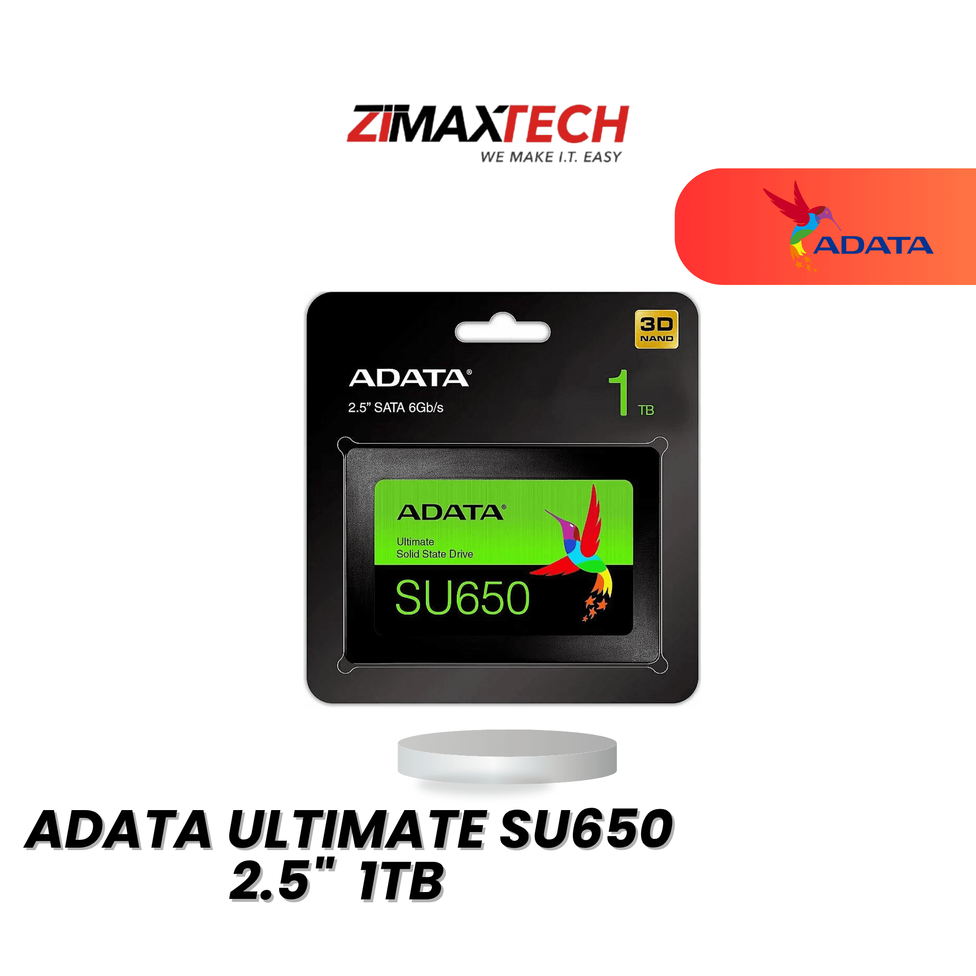 ADATA ULTIMATE SU650 1TB 2.5" SATA SSD WITH UP TO 520MB/S READ, 450MB/S WRITE, AND 3 YEARS WARRANTY