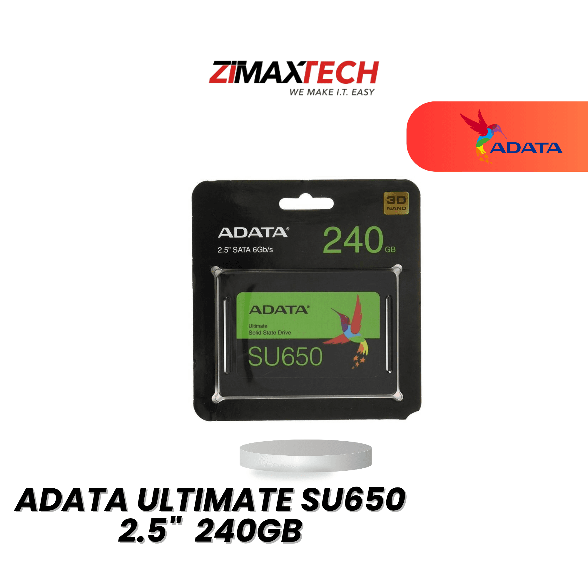 ADATA ULTIMATE SU650 240GB 2.5" SATA SSD WITH UP TO 520MB/S READ, 450MB/S WRITE, AND 3 YEARS WARRANTY