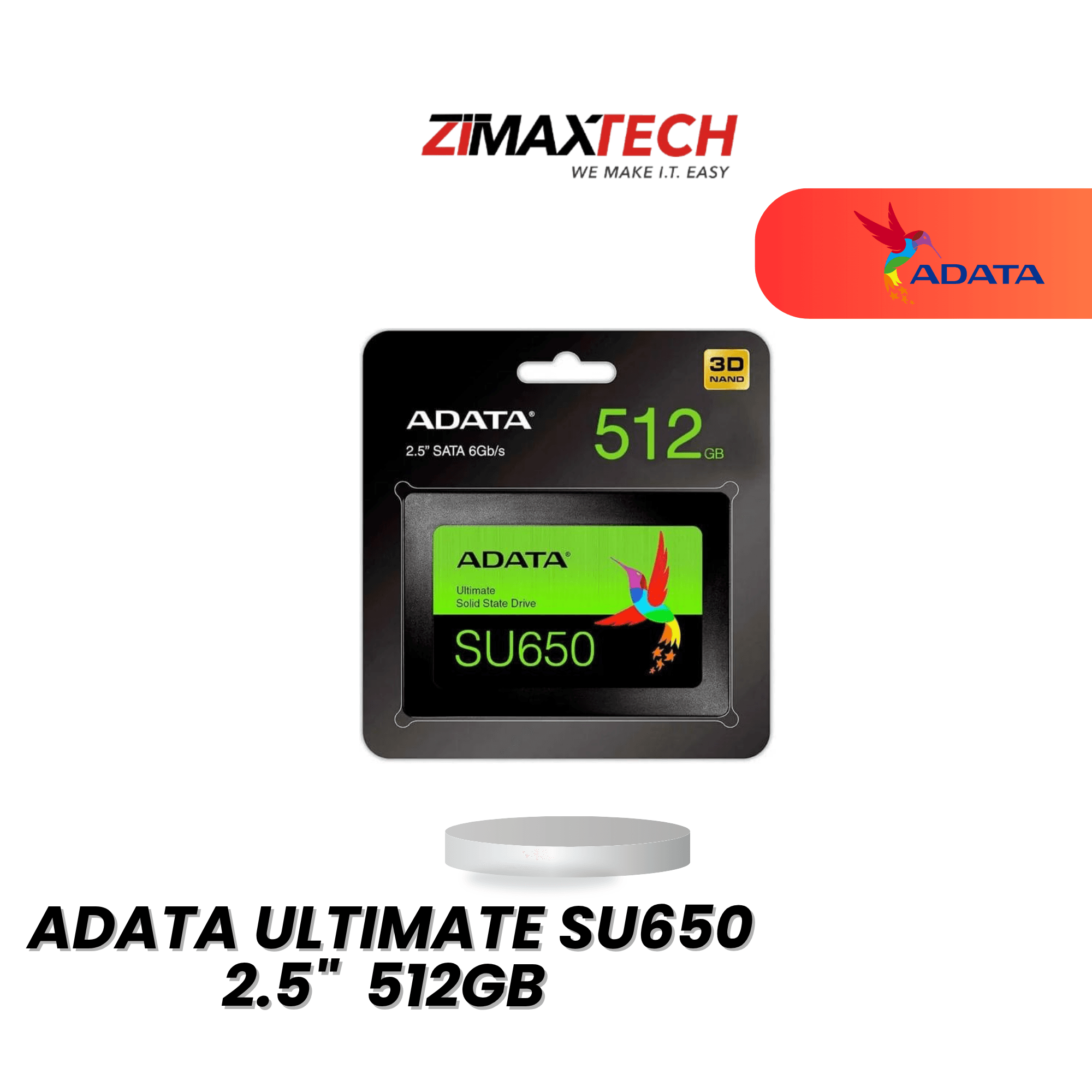 ADATA ULTIMATE SU650 512GB 2.5" SATA SSD WITH UP TO 520MB/S READ, 450MB/S WRITE, AND 3 YEARS WARRANTY
