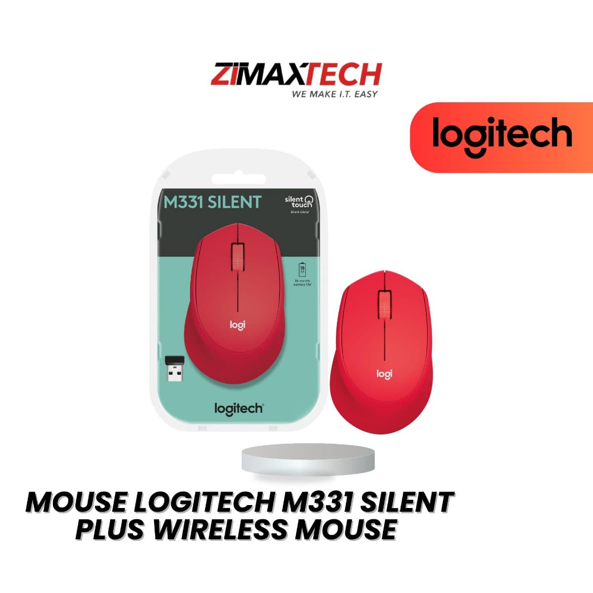 LOGITECH M331 SILENT PLUS WIRELESS MOUSE WITH USB RECEIVER, RED, AND 1 YEAR WARRANTY