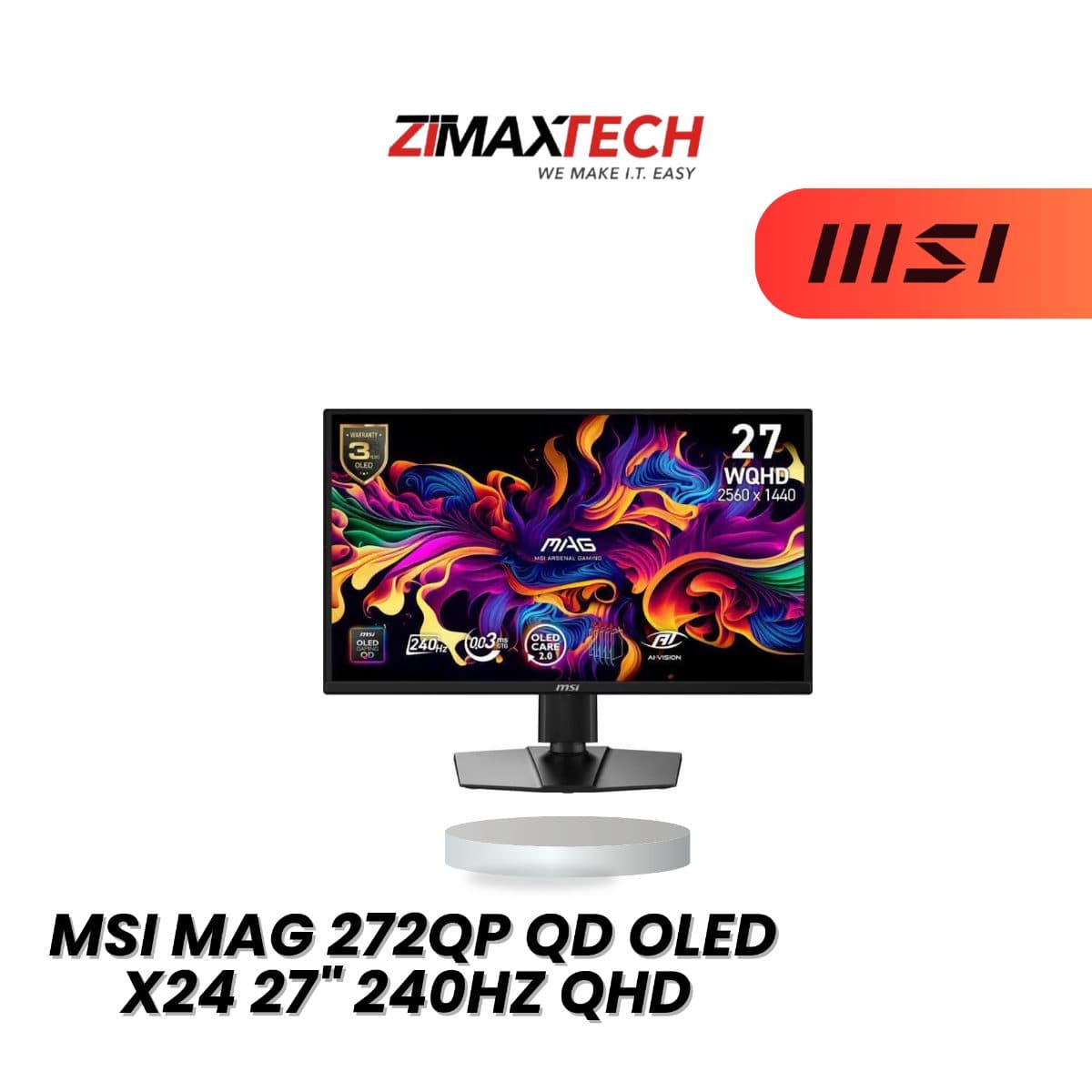 MSI MAG 272QP QD-OLED X24 27-INCH QHD 240HZ QD-OLED GAMING MONITOR WITH 0.03MS GTG AND 3 YEARS WARRANTY