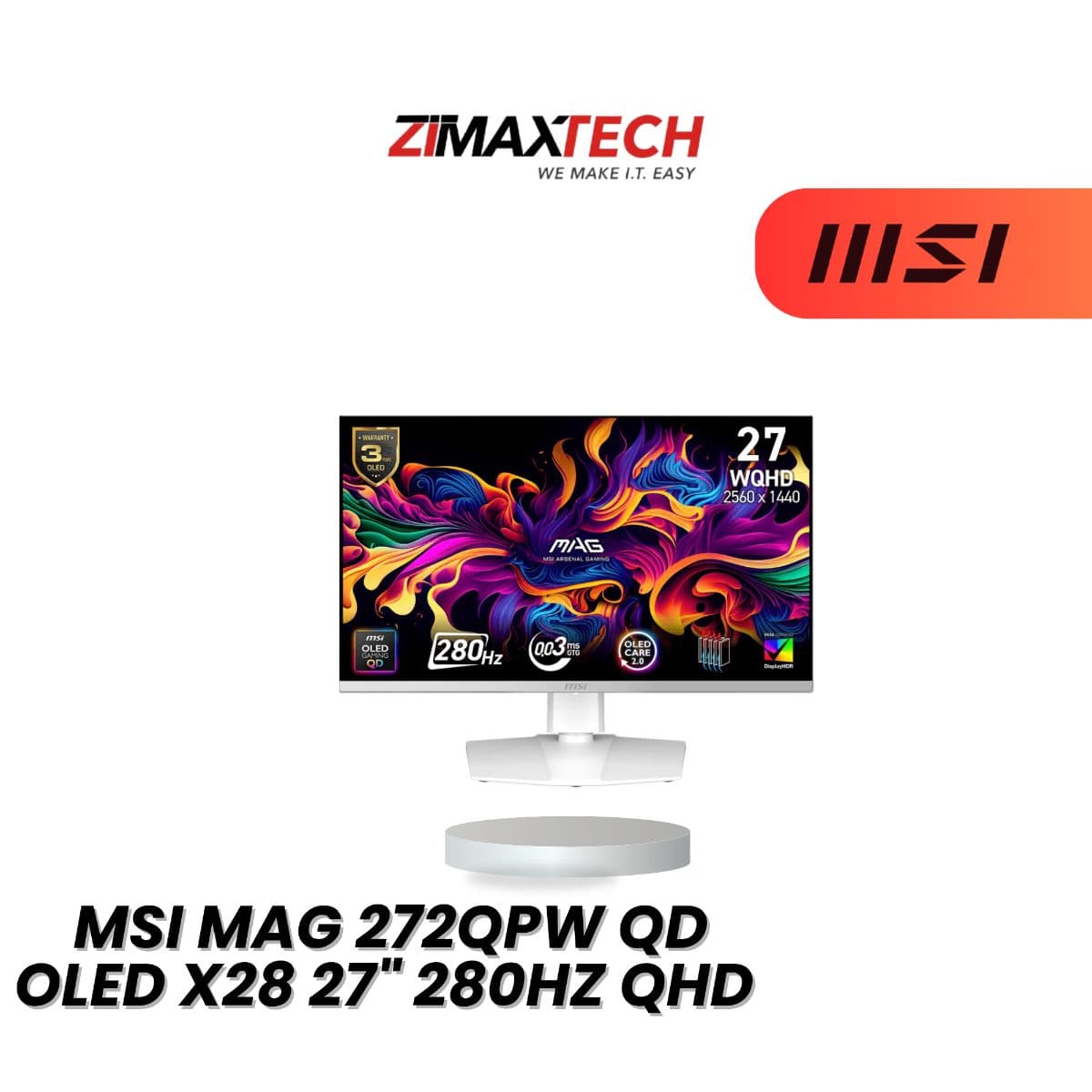 MSI MAG 272QPW QD-OLED X28 27-INCH QHD 280HZ QD-OLED GAMING MONITOR WITH 0.03MS GTG AND 3 YEARS BURN-IN WARRANTY