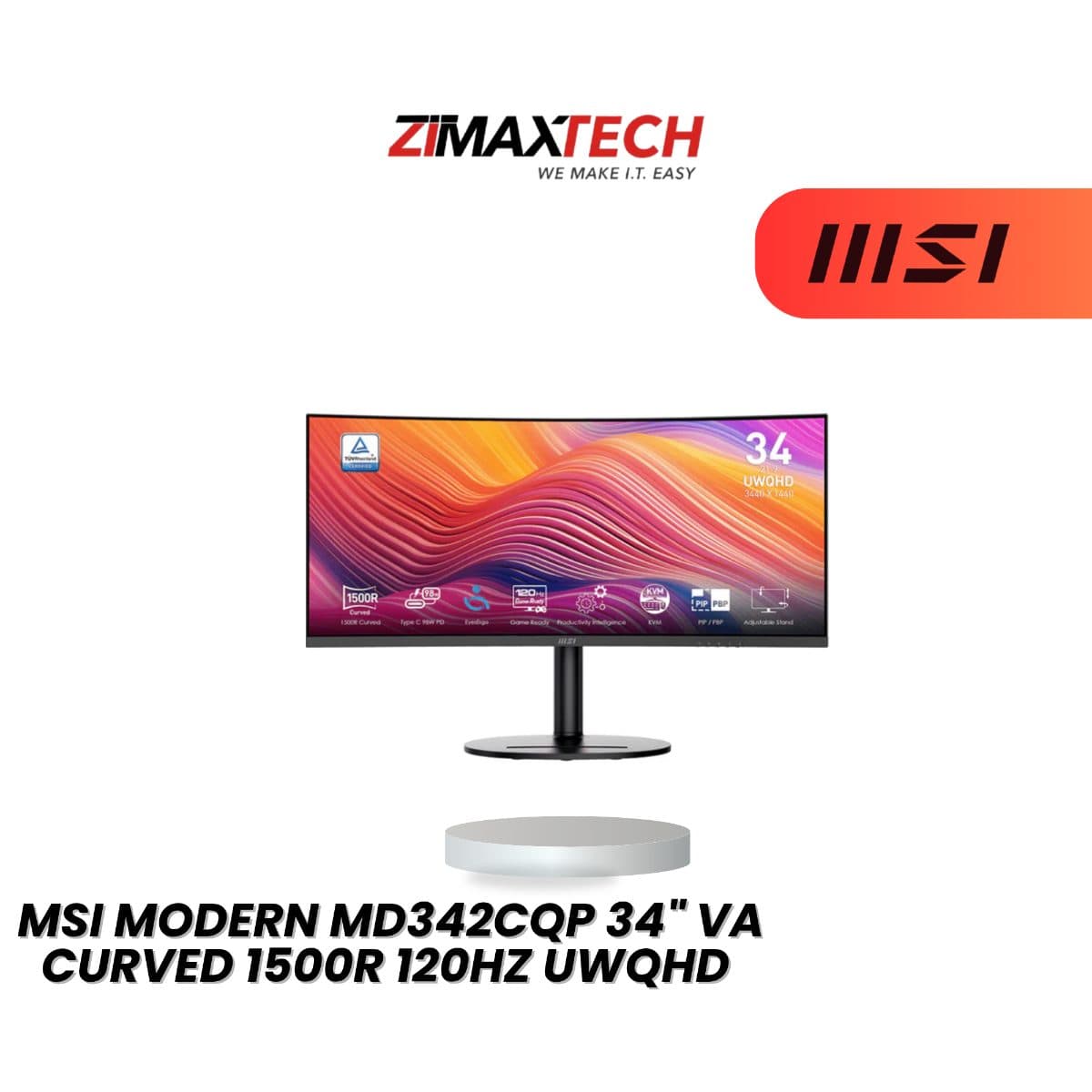 MSI MODERN MD342CQP 34-INCH UWQHD CURVED 120HZ MONITOR WITH USB-C PD 98W AND 3 YEARS ONSITE WARRANTY