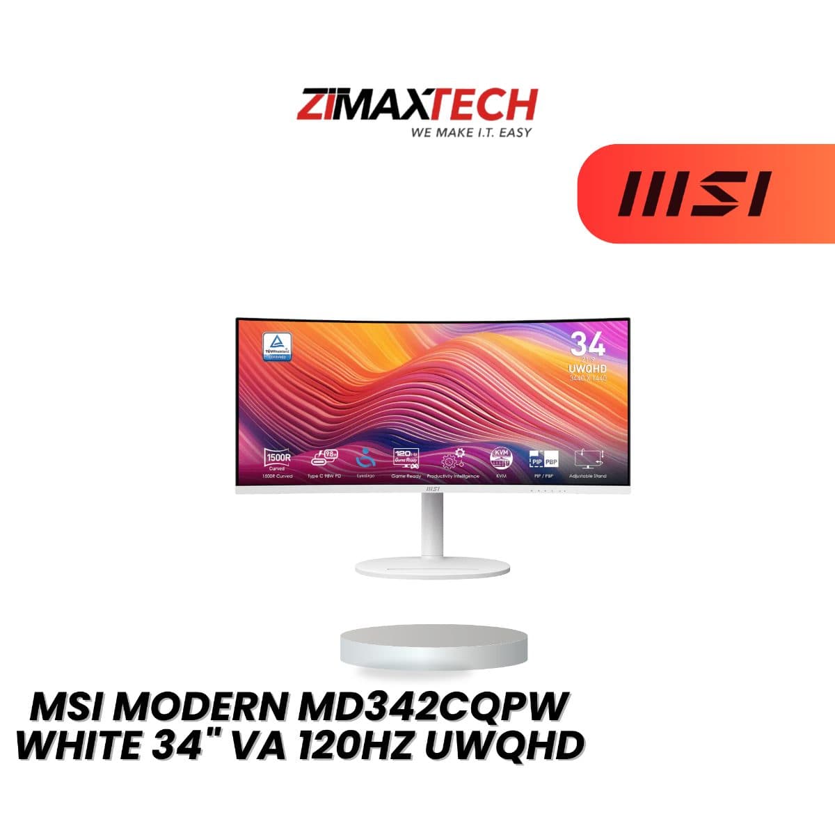 MSI MODERN MD342CQPW WHITE 34-INCH UWQHD CURVED 120HZ MONITOR WITH USB-C PD 98W AND 3 YEARS WARRANTY