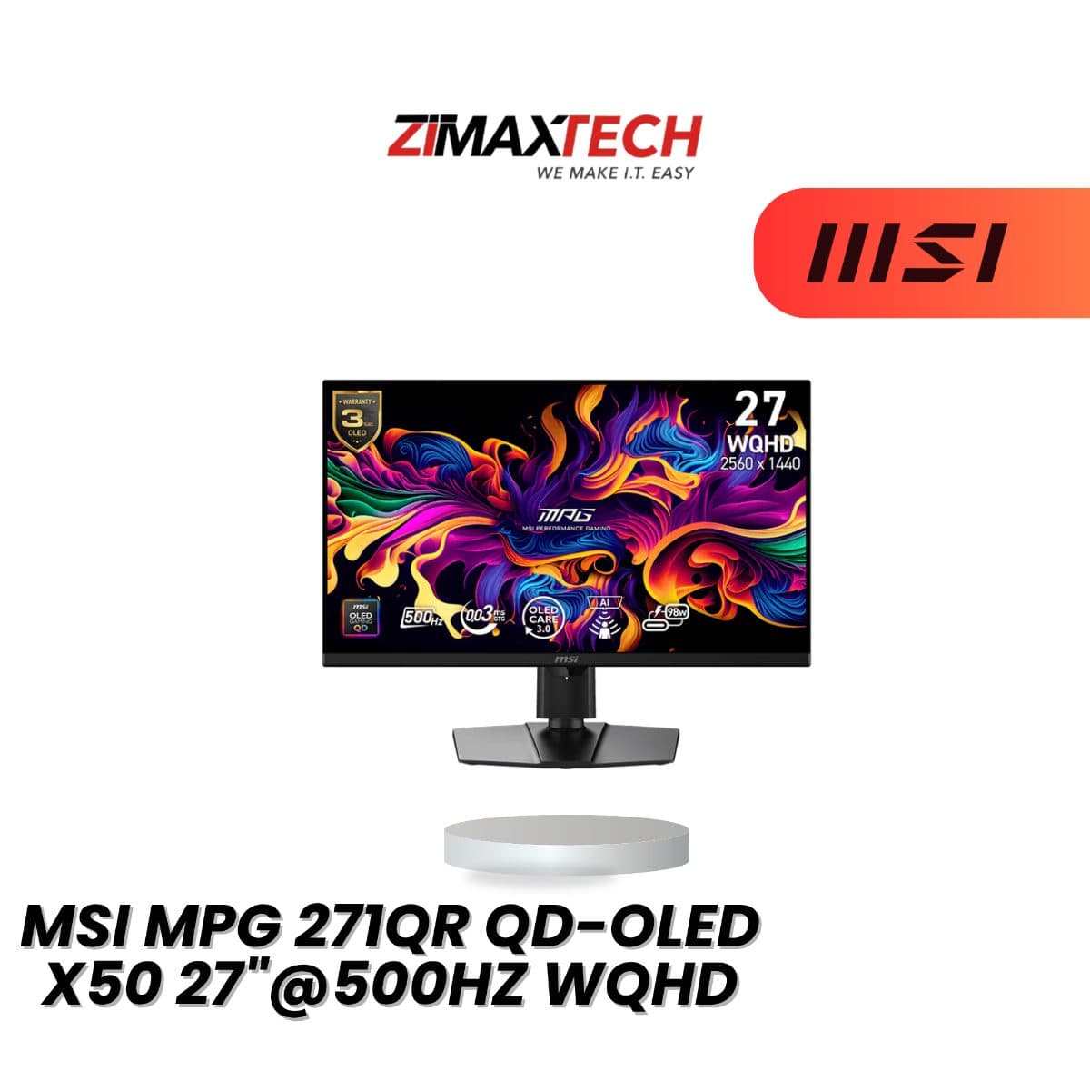 MSI MPG 271QR QD-OLED X50 27-INCH WQHD 500HZ QD-OLED GAMING MONITOR WITH 0.03MS GTG AND 3 YEARS WARRANTY