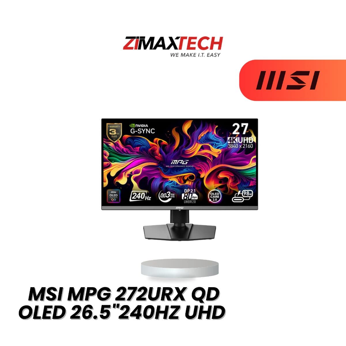 MSI MPG 272URX QD-OLED 26.5-INCH 4K UHD 240HZ GAMING MONITOR WITH 0.03MS GTG AND 3 YEARS WARRANTY