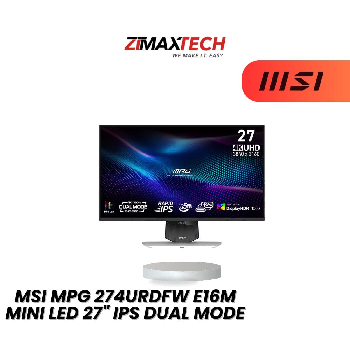 MSI MPG 274URDFW E16M MINI LED 27-INCH DUAL MODE 4K 160HZ / FHD 360HZ GAMING MONITOR WITH 3 YEARS WARRANTY