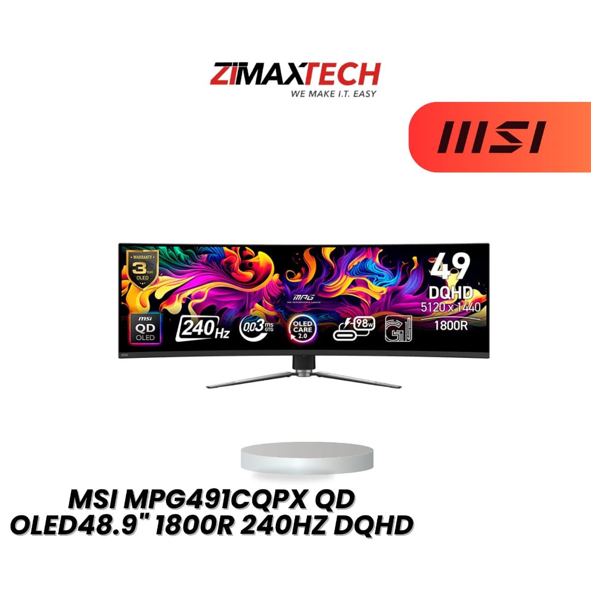 MSI MPG491CQPX QD-OLED 48.9-INCH DQHD 240HZ CURVED QD-OLED GAMING MONITOR WITH 0.03MS GTG AND 3 YEARS ONSITE WARRANTY